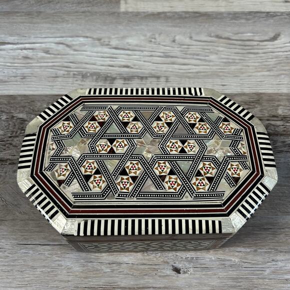 Vintage Syrian Mosaic Jewelry Box Octagonal Inlaid Wood Red Velvet Lined 8.5” - Picture 3 of 9